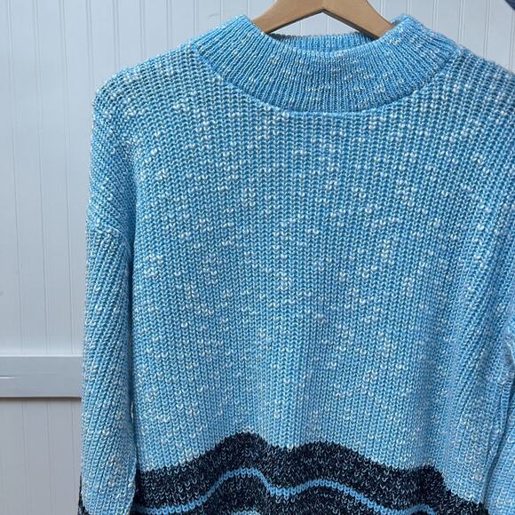 Vintage Adele Women's 80s/90s Sky Blue Striped Knit Sweater Mock Neck Pullover M - Picture 1 of 9